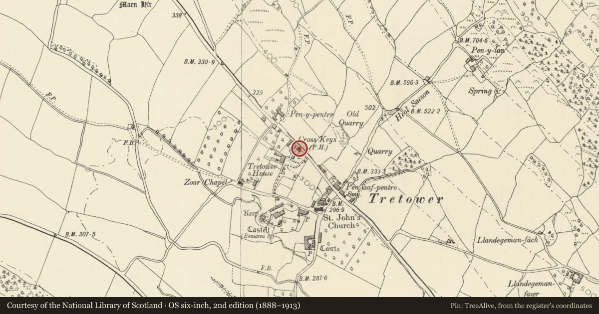 Ordnance Survey six-inch map, 2nd edition (1888–1913) covering the location of 1 The Old Inn, Llanfihangel Cwmdu with Bwlch and Cathedine, Powys, with a pin at the register's coordinates