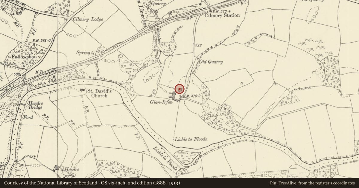 Ordnance Survey six-inch map, 2nd edition (1888–1913) covering the location of Glan Irfon, Cilmery, Powys, with a pin at the register's coordinates