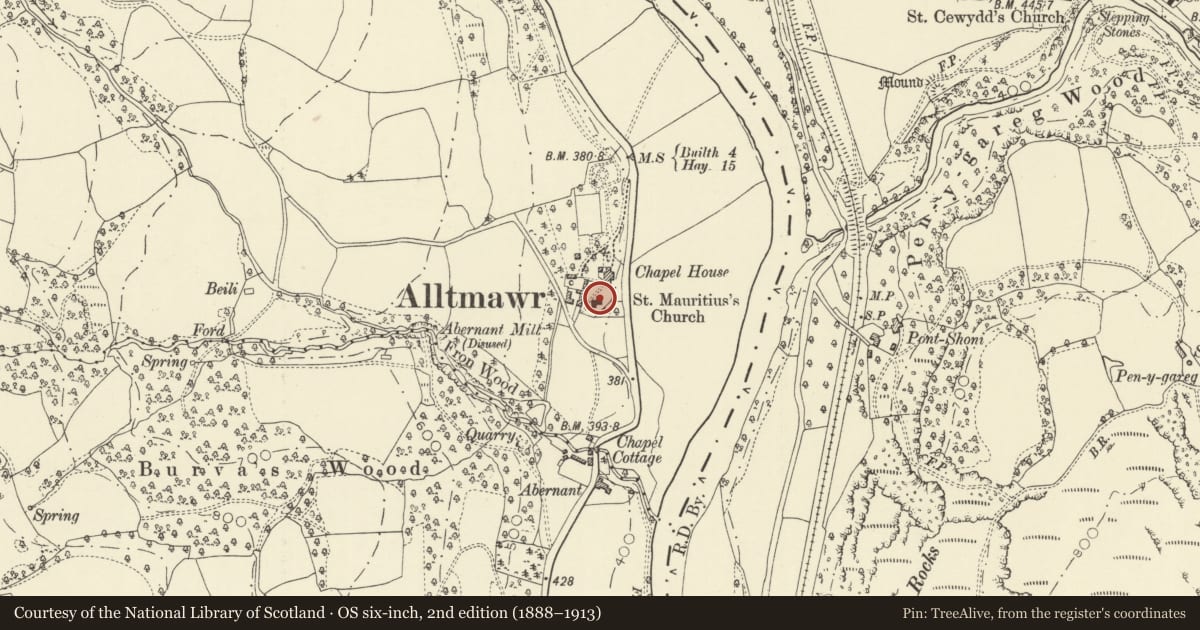 Ordnance Survey six-inch map, 2nd edition (1888–1913) covering the location of Church of St Maritius, Erwood, Powys, with a pin at the register's coordinates