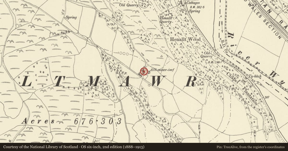 Ordnance Survey six-inch map, 2nd edition (1888–1913) covering the location of Alltmawr Isaf, Erwood, Powys, with a pin at the register's coordinates