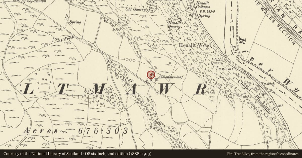 Ordnance Survey six-inch map, 2nd edition (1888–1913) covering the location of Barn range at Alltmawr Isaf, Erwood, Powys, with a pin at the register's coordinates