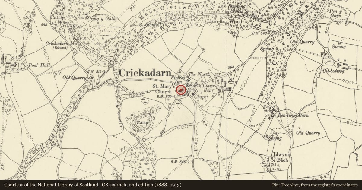 Ordnance Survey six-inch map, 2nd edition (1888–1913) covering the location of Church of St Mary, Erwood, Powys, with a pin at the register's coordinates