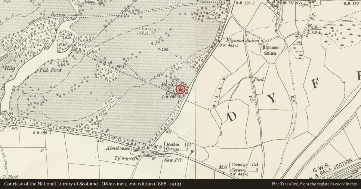 Ordnance Survey six-inch map, 2nd edition (1888–1913) covering the location of Rug Chapel, Corwen, Denbighshire, with a pin at the register's coordinates