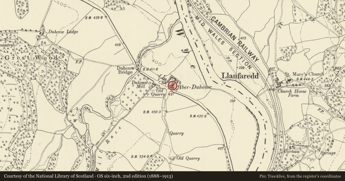 Ordnance Survey six-inch map, 2nd edition (1888–1913) covering the location of Barn and attached ranges at Aberduhonw, Powys, with a pin at the register's coordinates