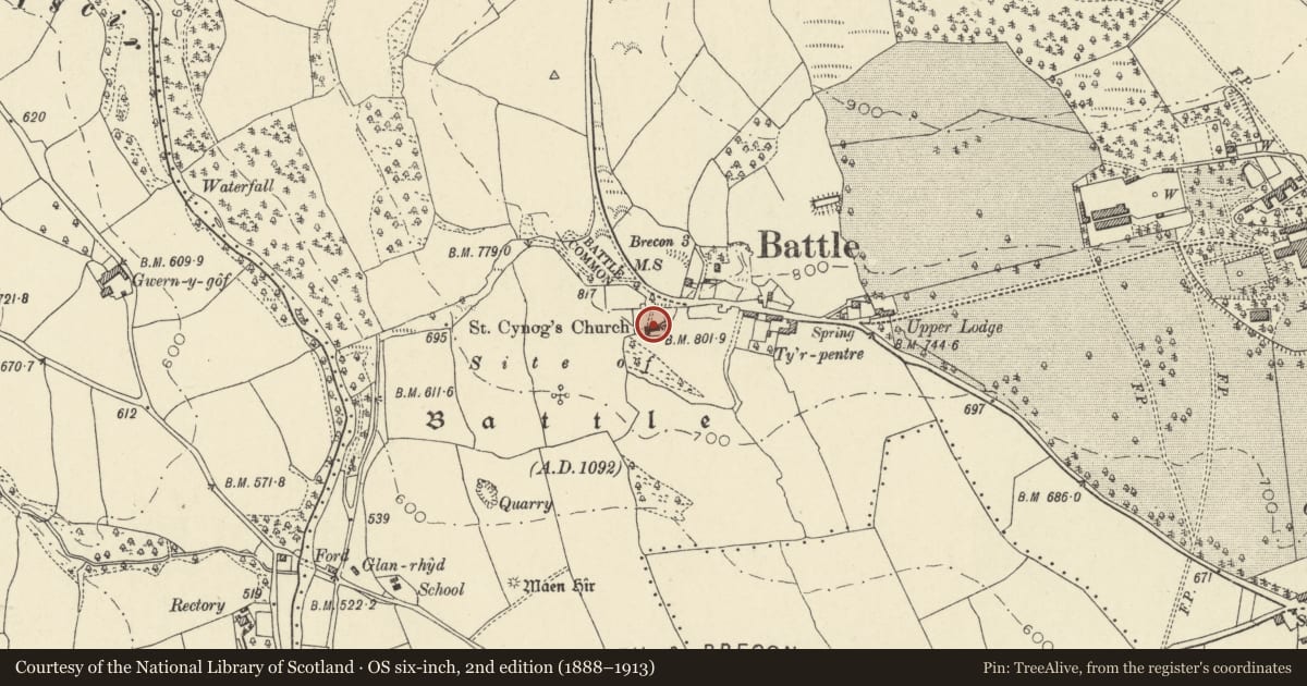 Ordnance Survey six-inch map, 2nd edition (1888–1913) covering the location of Church of Saint Cynog, Yscir, Powys, with a pin at the register's coordinates