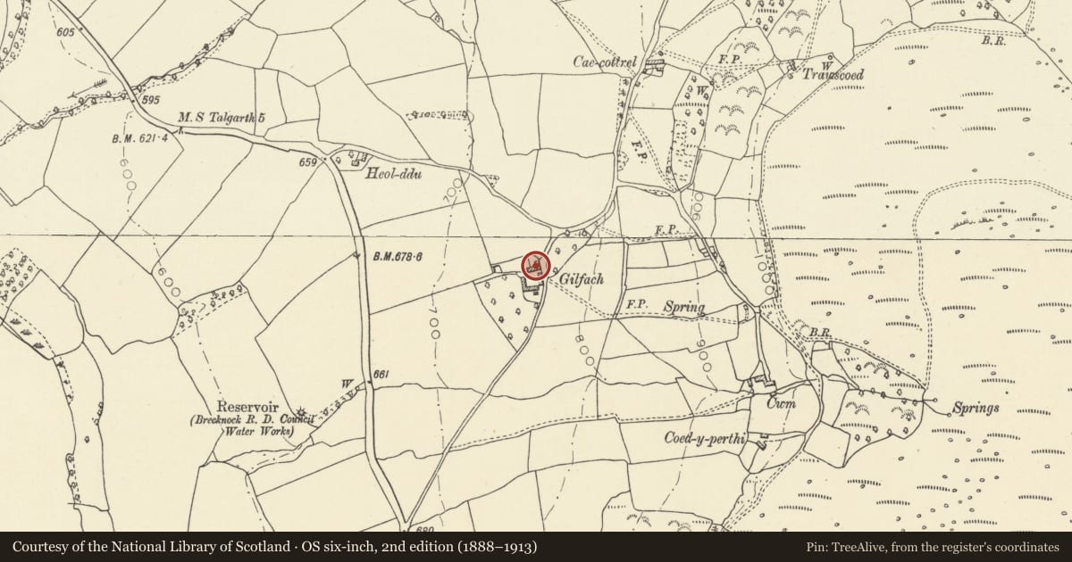 Ordnance Survey six-inch map, 2nd edition (1888–1913) covering the location of Gilfach, Llangors, Powys, with a pin at the register's coordinates