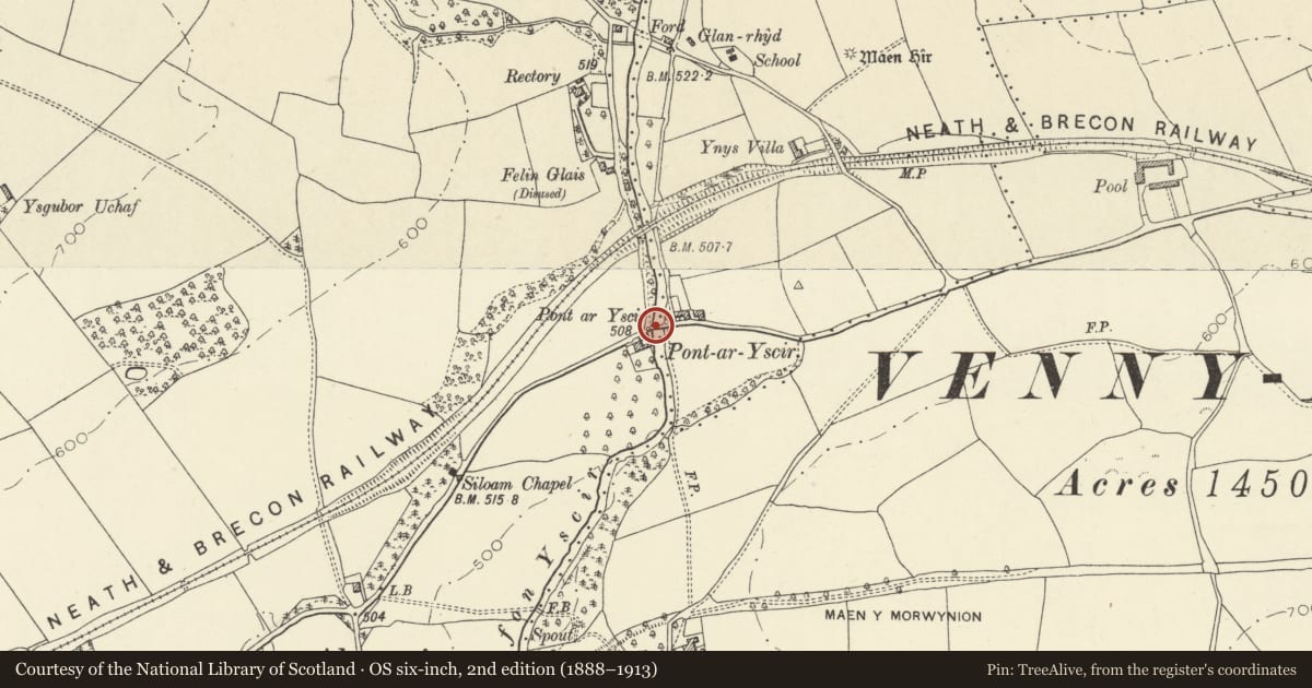 Ordnance Survey six-inch map, 2nd edition (1888–1913) covering the location of Pontaryscir, Powys, with a pin at the register's coordinates
