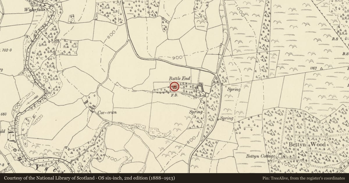 Ordnance Survey six-inch map, 2nd edition (1888–1913) covering the location of Battle House, Yscir, Powys, with a pin at the register's coordinates