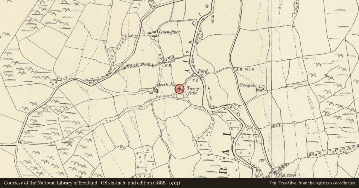 Ordnance Survey six-inch map, 2nd edition (1888–1913) covering the location of Cart-house at Tan-y-fedw, Cray, Powys, with a pin at the register's coordinates