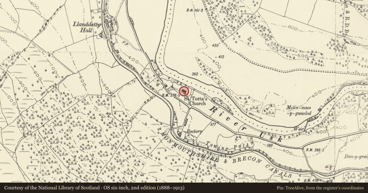 Ordnance Survey six-inch map, 2nd edition (1888–1913) covering the location of Church of St Tetta, Talybont-on-Usk, Powys, with a pin at the register's coordinates