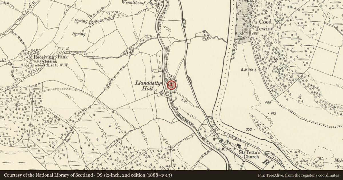 Ordnance Survey six-inch map, 2nd edition (1888–1913) covering the location of Llanddetty Hall Farmhouse, Talybont-on-Usk, Powys, with a pin at the register's coordinates
