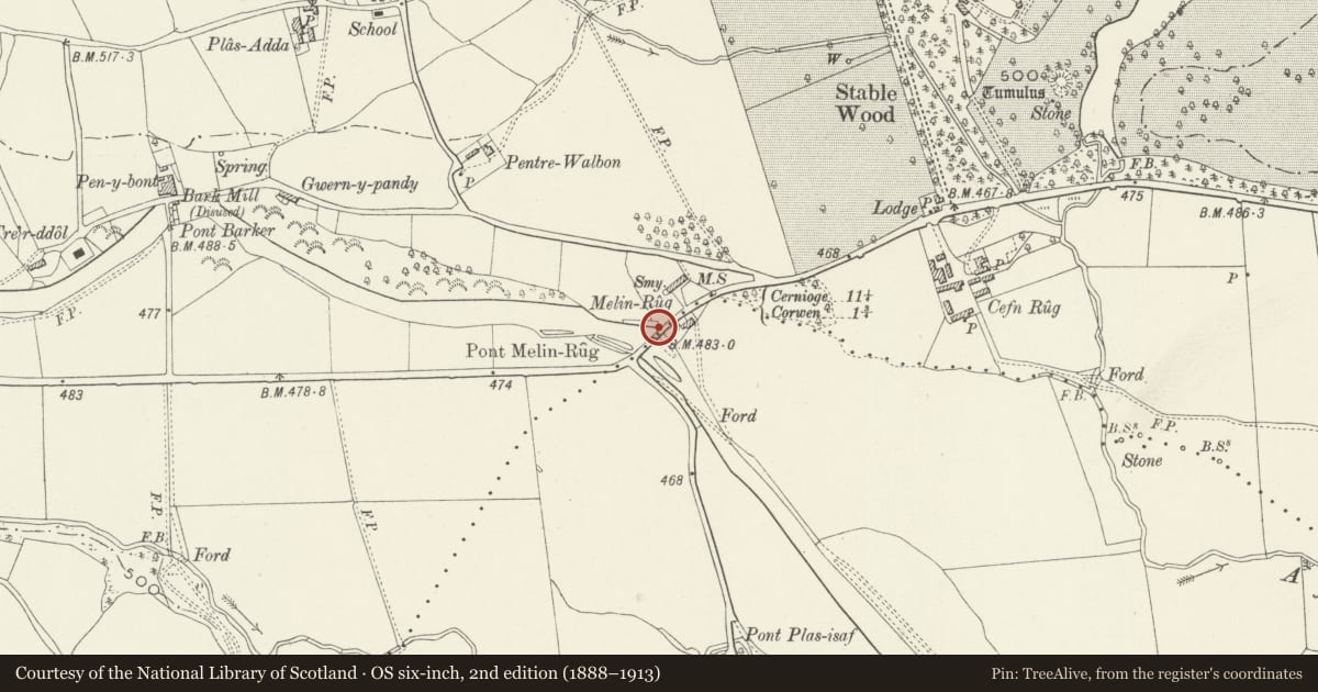 Ordnance Survey six-inch map, 2nd edition (1888–1913) covering the location of Pon Melin Rug Bridge, Corwen, Denbighshire, with a pin at the register's coordinates
