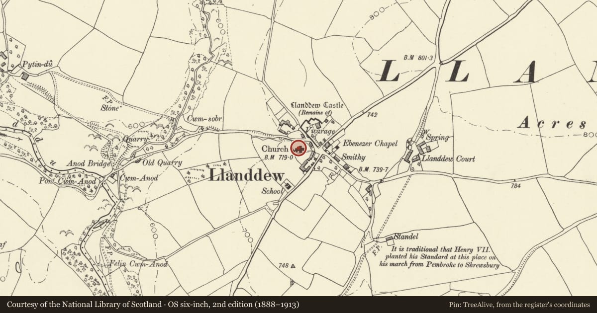Ordnance Survey six-inch map, 2nd edition (1888–1913) covering the location of Church of Saint David, Llanddew, Powys, with a pin at the register's coordinates