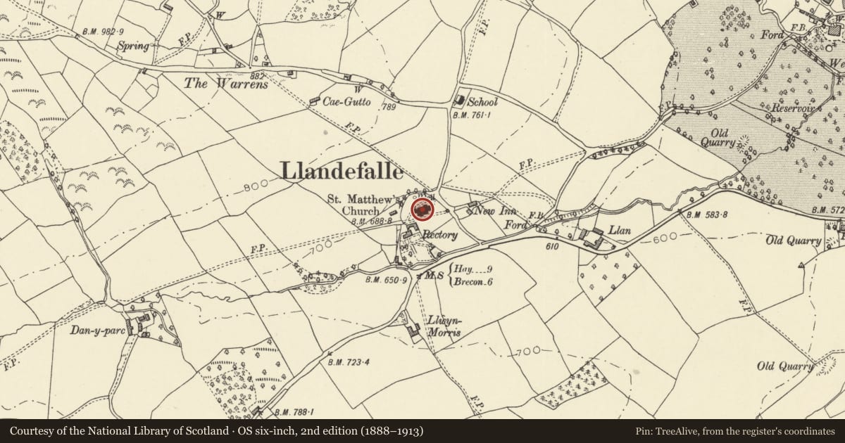 Ordnance Survey six-inch map, 2nd edition (1888–1913) covering the location of Church of Saint Matthew, Felin-Fach, Powys, with a pin at the register's coordinates