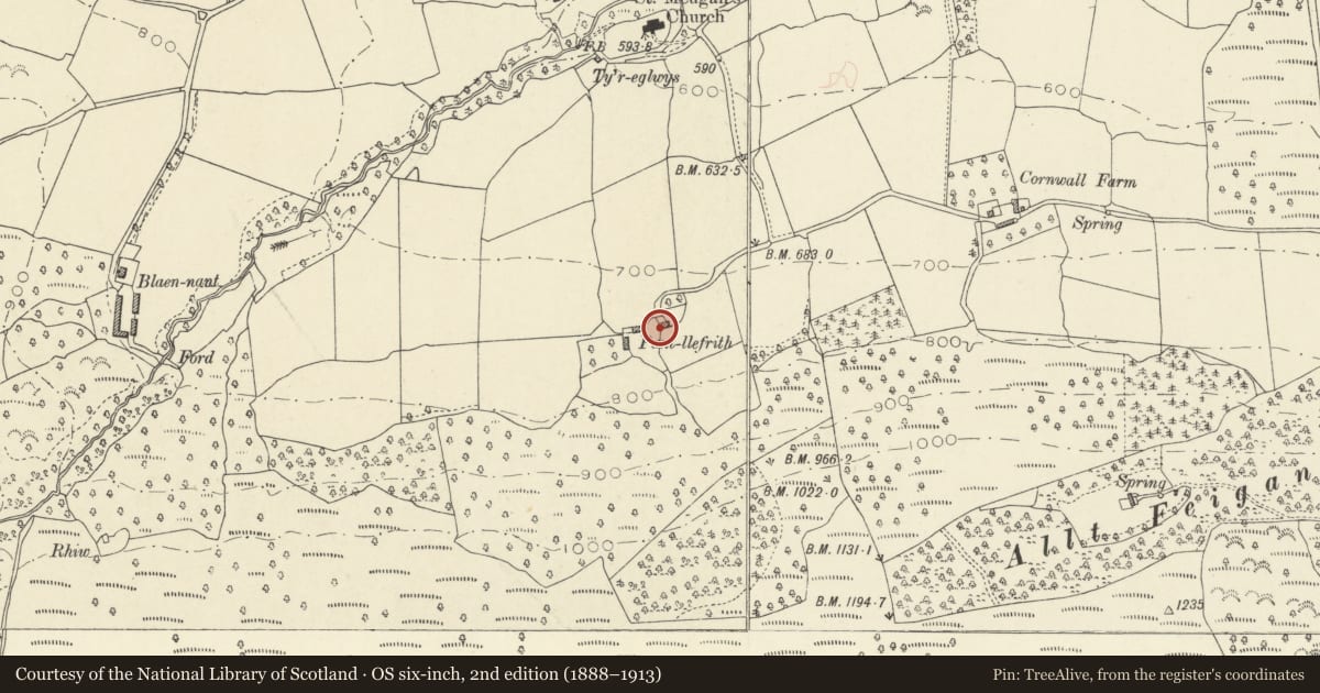 Ordnance Survey six-inch map, 2nd edition (1888–1913) covering the location of Pantllefrith, Talybont-on-Usk, Powys, with a pin at the register's coordinates