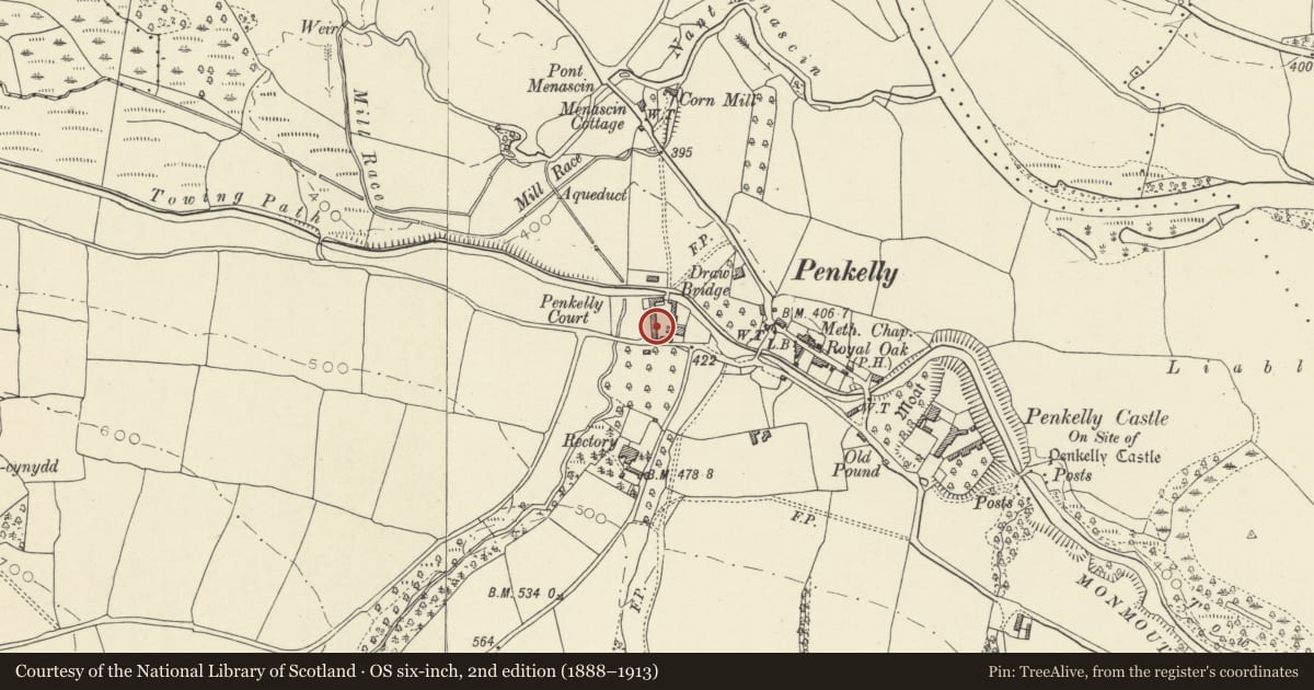 Ordnance Survey six-inch map, 2nd edition (1888–1913) covering the location of Barn at Pencelli Court, Talybont-on-Usk, Powys, with a pin at the register's coordinates