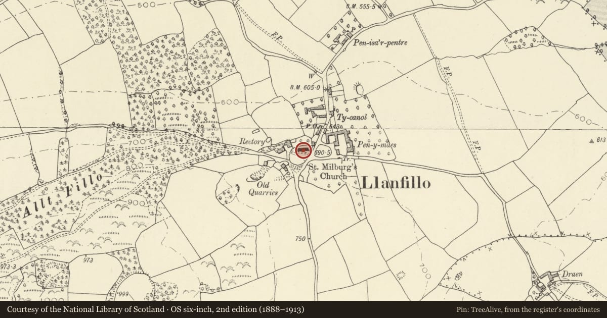 Ordnance Survey six-inch map, 2nd edition (1888–1913) covering the location of Church of St Bilo, Felin-Fach, Powys, with a pin at the register's coordinates