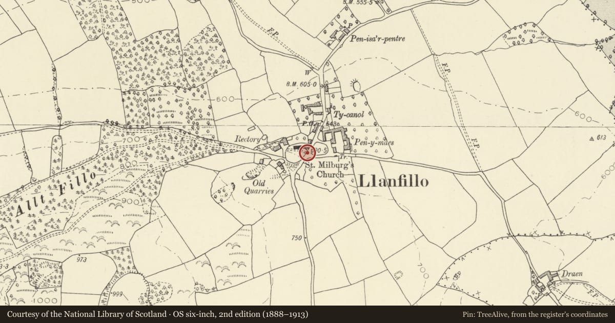 Ordnance Survey six-inch map, 2nd edition (1888–1913) covering the location of Lychgate to Church of St Bilo, Felin-Fach, Powys, with a pin at the register's coordinates