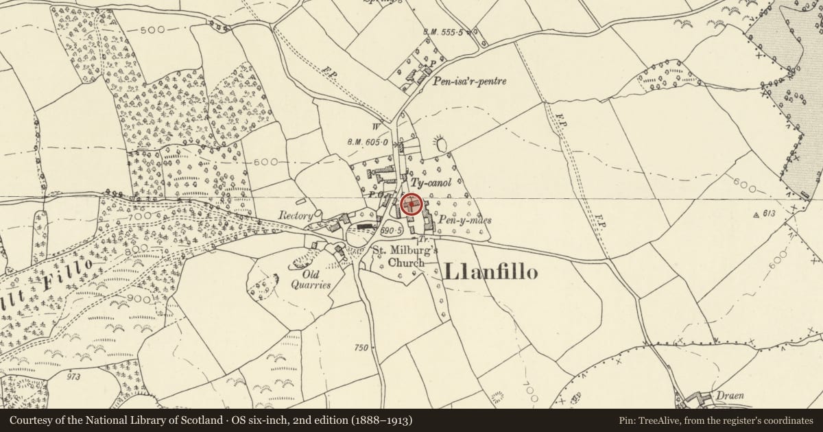 Ordnance Survey six-inch map, 2nd edition (1888–1913) covering the location of Converted barns at Penmaes, Felin-Fach, Powys, with a pin at the register's coordinates