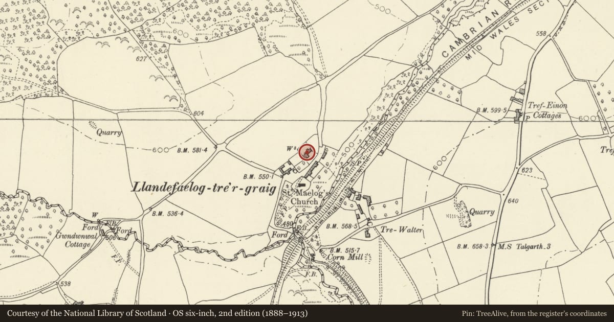 Ordnance Survey six-inch map, 2nd edition (1888–1913) covering the location of Llandefaelog-tre'r-graig, Felin-Fach, Powys, with a pin at the register's coordinates