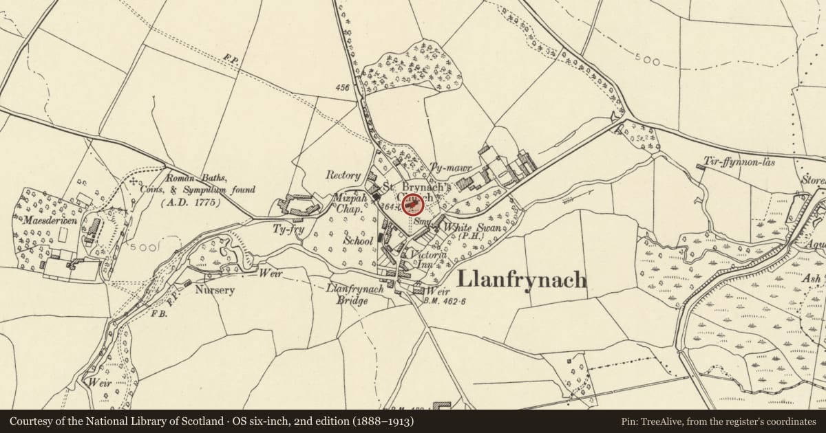 Ordnance Survey six-inch map, 2nd edition (1888–1913) covering the location of Church of St Brynach, Llanfrynach, Powys, with a pin at the register's coordinates