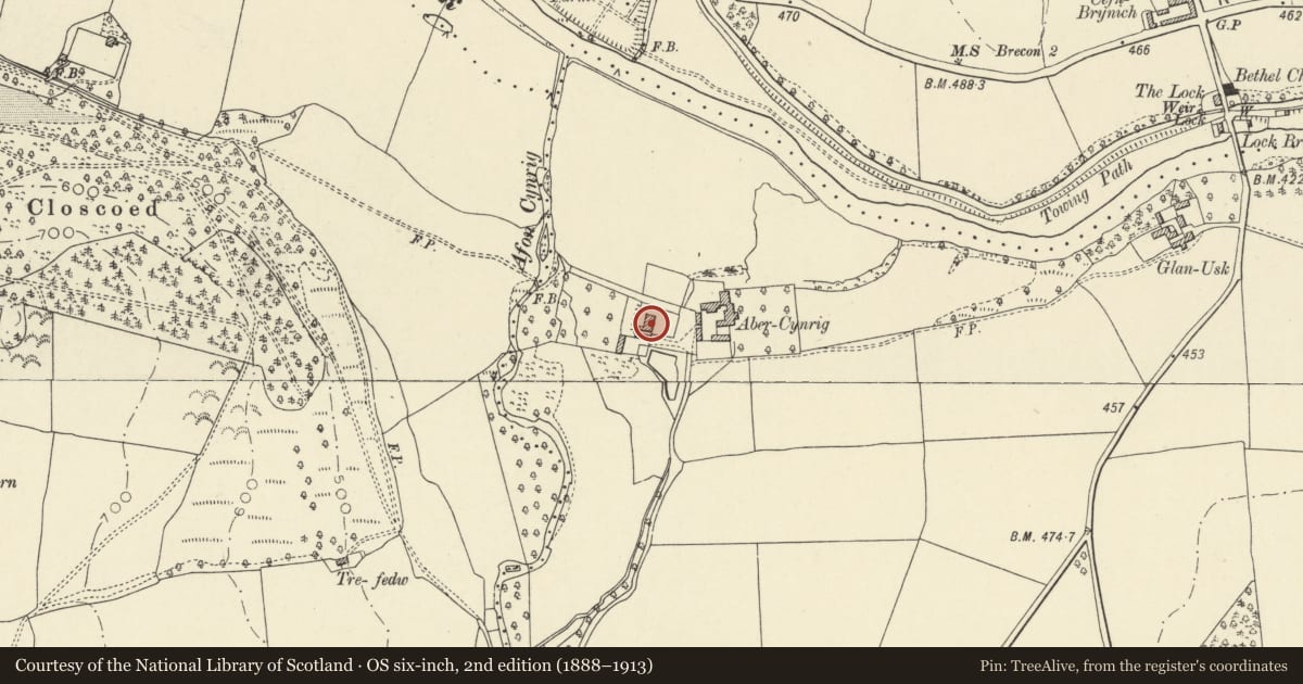 Ordnance Survey six-inch map, 2nd edition (1888–1913) covering the location of Abercynrig, Llanfrynach, Powys, with a pin at the register's coordinates