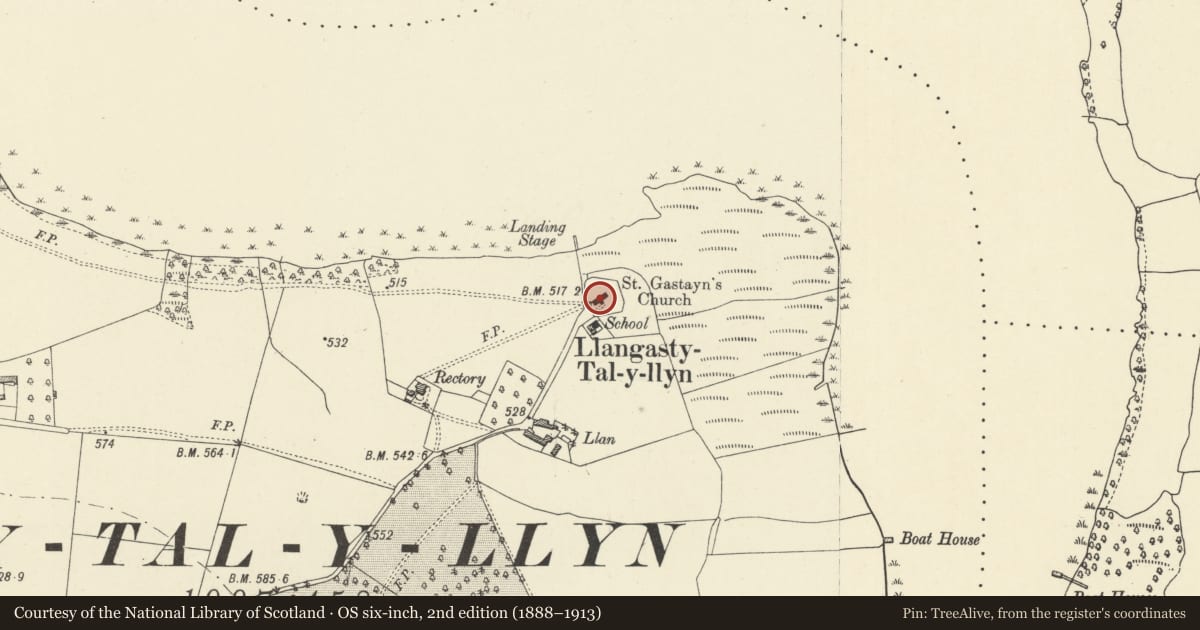 Ordnance Survey six-inch map, 2nd edition (1888–1913) covering the location of Church of St Gastyn, Llangors, Powys, with a pin at the register's coordinates