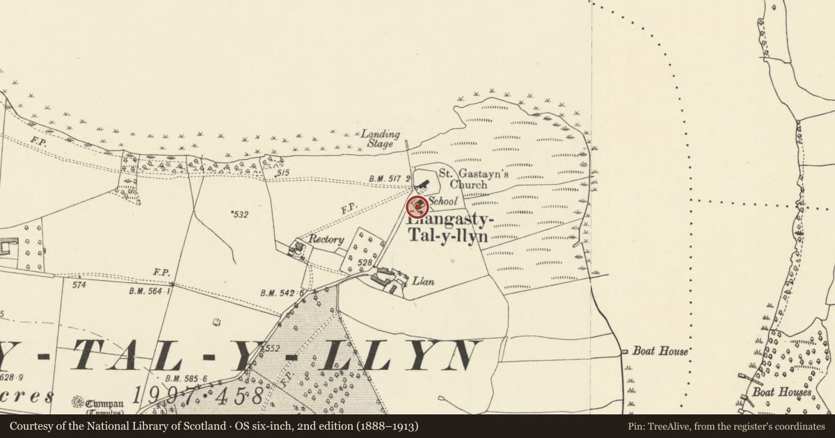 Ordnance Survey six-inch map, 2nd edition (1888–1913) covering the location of Old School House (also known as Yr Hen Ysgol), Llangors, Powys, with a pin at the register's coordinates