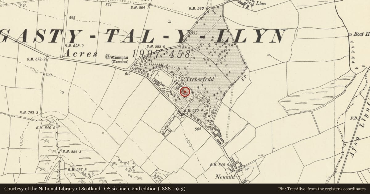 Ordnance Survey six-inch map, 2nd edition (1888–1913) covering the location of Treberfydd (also known as Treberfedd), Llangors, Powys, with a pin at the register's coordinates