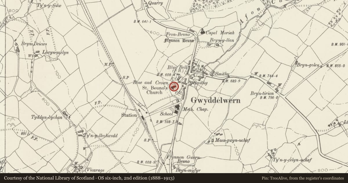 Ordnance Survey six-inch map, 2nd edition (1888–1913) covering the location of Church of St Beuno, Gwyddelwern, Denbighshire, with a pin at the register's coordinates