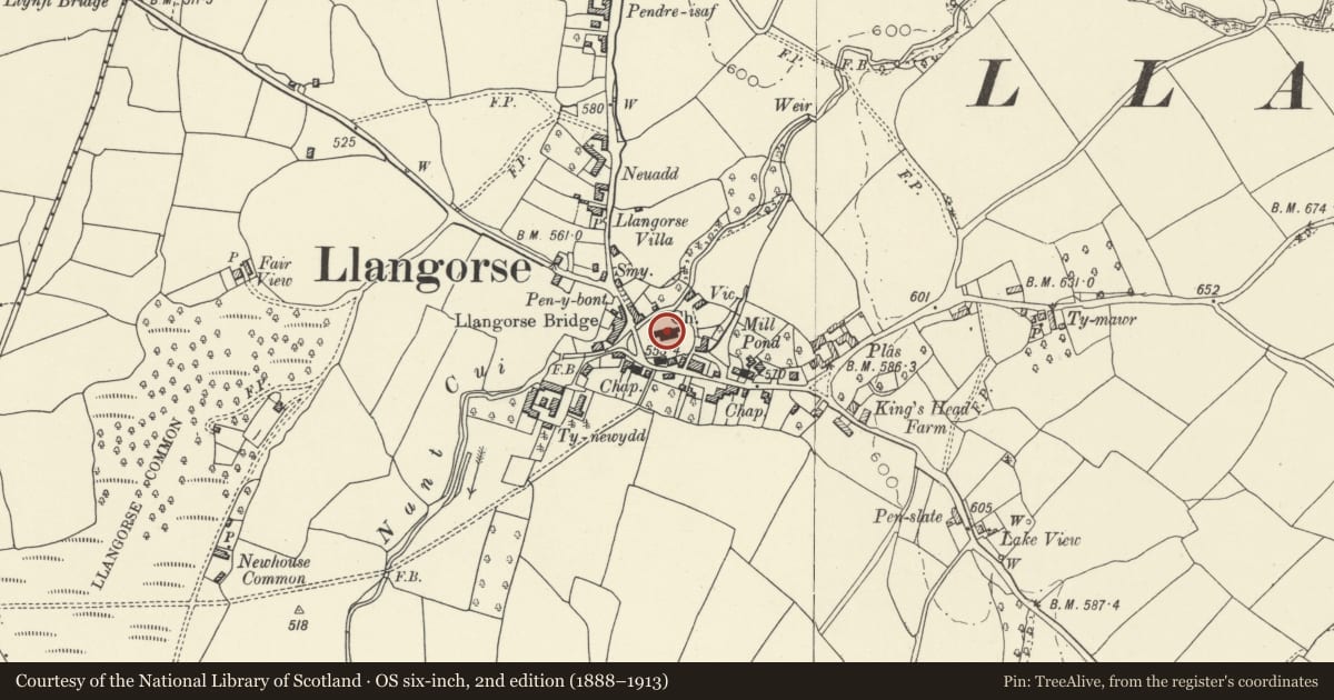 Ordnance Survey six-inch map, 2nd edition (1888–1913) covering the location of Church of St Paulinus, Llangors, Powys, with a pin at the register's coordinates