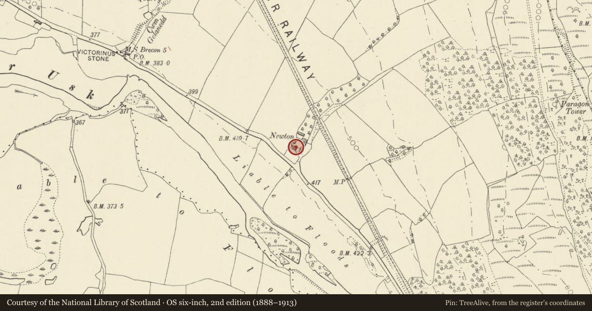 Ordnance Survey six-inch map, 2nd edition (1888–1913) covering the location of Newton Farmhouse, Talybont-on-Usk, Powys, with a pin at the register's coordinates