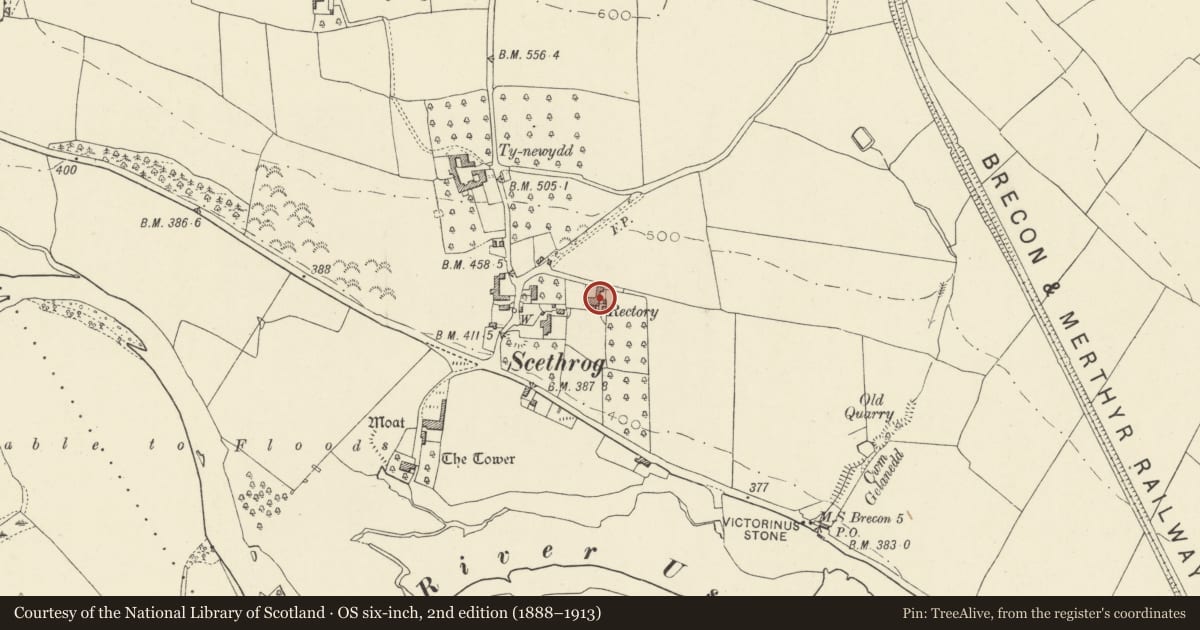 Ordnance Survey six-inch map, 2nd edition (1888–1913) covering the location of Yr Hen Bersondy (also known as The Old Rectory), Talybont-on-Usk, Powys, with a pin at the register's coordinates