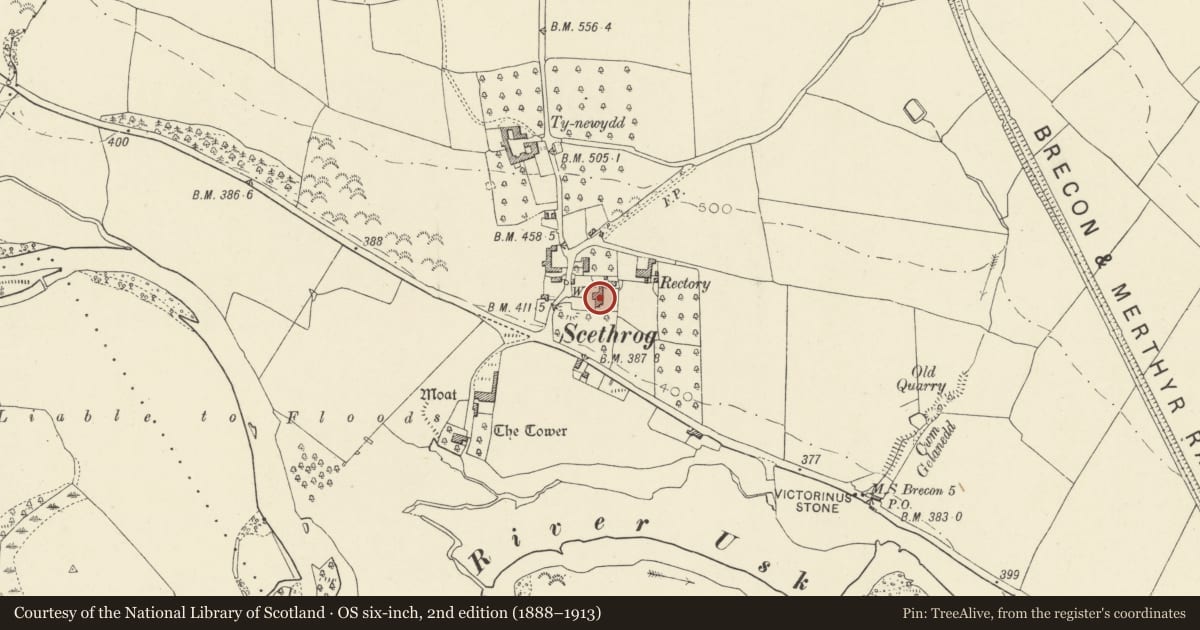 Ordnance Survey six-inch map, 2nd edition (1888–1913) covering the location of Scethrog House, Talybont-on-Usk, Powys, with a pin at the register's coordinates