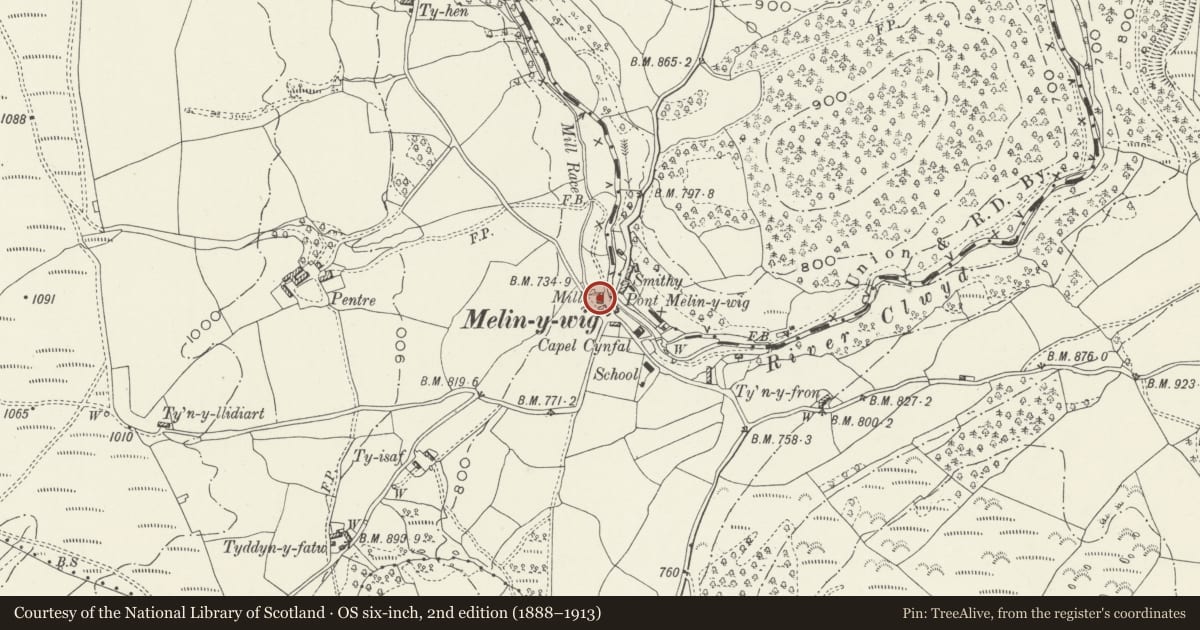 Ordnance Survey six-inch map, 2nd edition (1888–1913) covering the location of Cynfal Mill (former Corn Mill with Oak Kiln and Cart Shed), Betws Gwerfil Goch, Denbighshire, with a pin at the register's coordinates