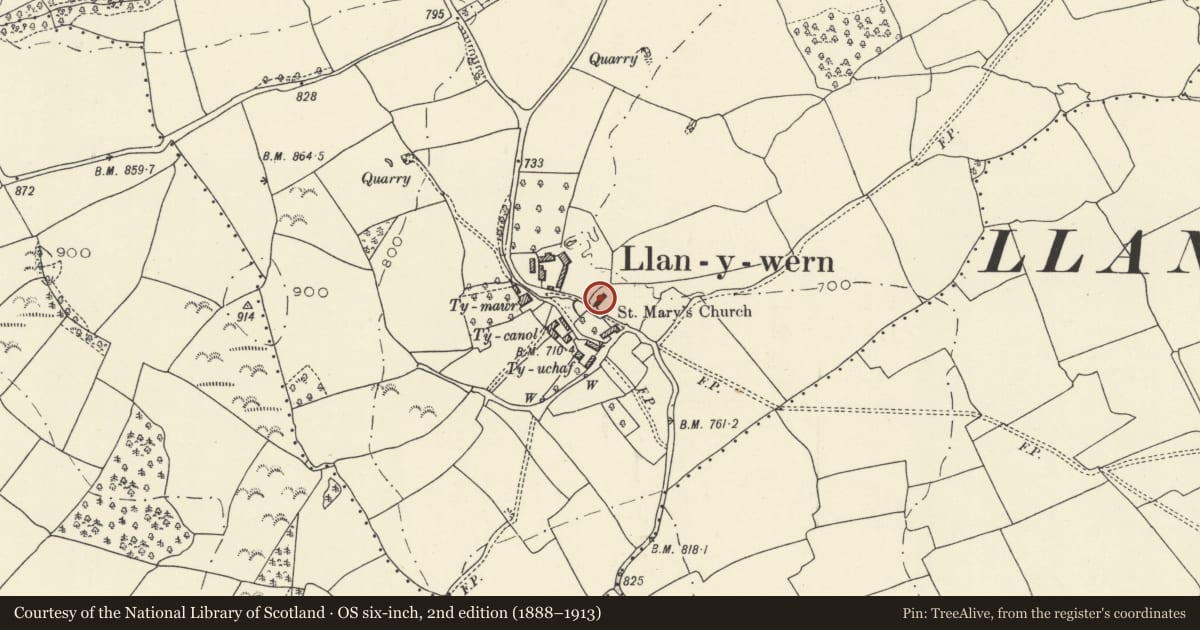 Ordnance Survey six-inch map, 2nd edition (1888–1913) covering the location of Church of St Mary, Llangors, Powys, with a pin at the register's coordinates