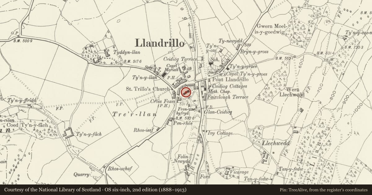 Ordnance Survey six-inch map, 2nd edition (1888–1913) covering the location of Church of St Trillo, Llandrillo, Denbighshire, with a pin at the register's coordinates