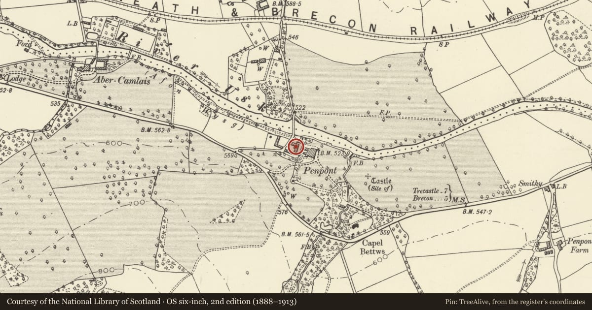 Ordnance Survey six-inch map, 2nd edition (1888–1913) covering the location of The Stables, Trallong, Powys, with a pin at the register's coordinates