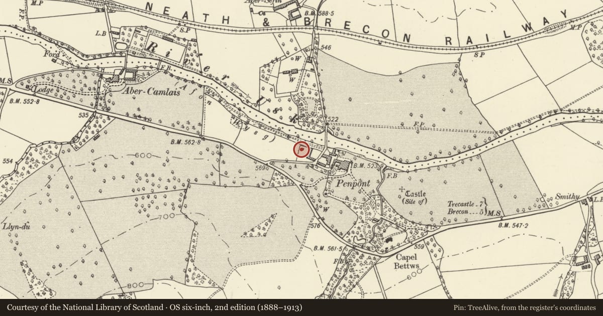 Ordnance Survey six-inch map, 2nd edition (1888–1913) covering the location of Dovecote at Penpont, Trallong, Powys, with a pin at the register's coordinates