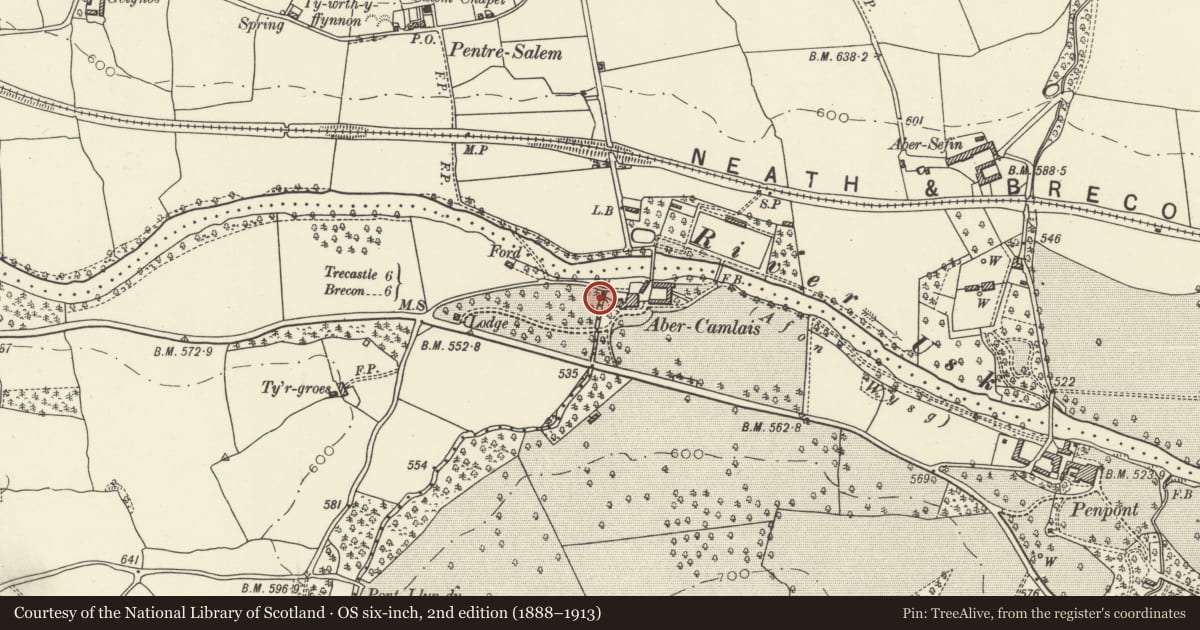 Ordnance Survey six-inch map, 2nd edition (1888–1913) covering the location of Pigeon house at Abercamlais, Trallong, Powys, with a pin at the register's coordinates