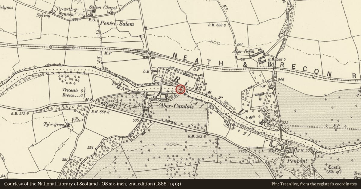 Ordnance Survey six-inch map, 2nd edition (1888–1913) covering the location of Suspension bridge at Abercamlais, Trallong, Powys, with a pin at the register's coordinates