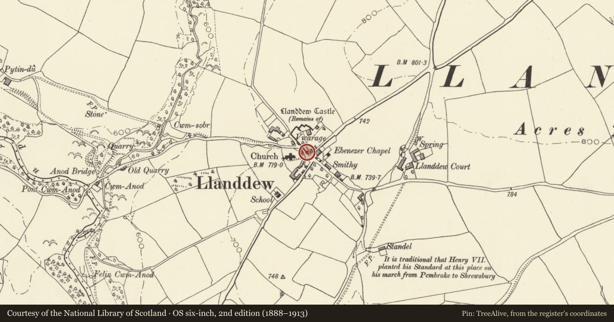 Ordnance Survey six-inch map, 2nd edition (1888–1913) covering the location of Medieval doorway to left of entrance gates to the Old Vicarage and enclosing walls, Llanddew, Powys, with a pin at the register's coordinates