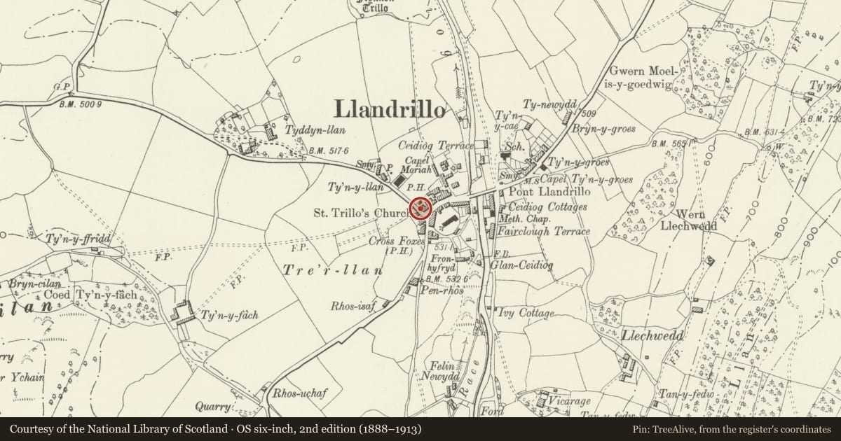 Ordnance Survey six-inch map, 2nd edition (1888–1913) covering the location of 1 High Street, Llandrillo, Denbighshire, with a pin at the register's coordinates
