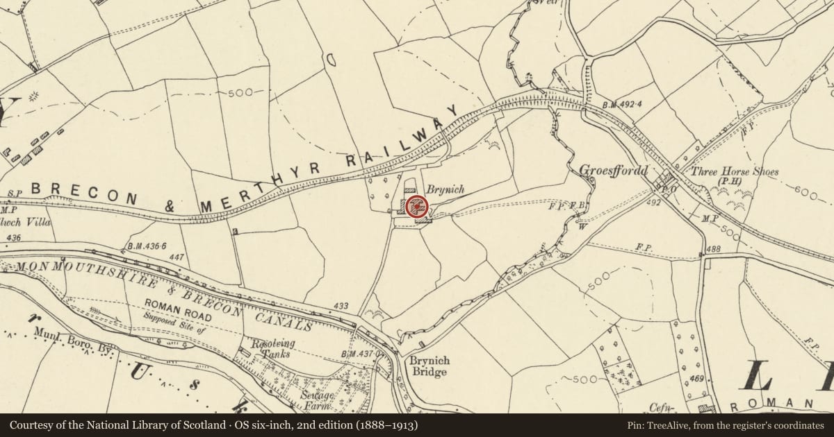 Ordnance Survey six-inch map, 2nd edition (1888–1913) covering the location of Former Barn, now Restaurant and Accommodation at Brynich Caravan Park, Brecon, Powys, with a pin at the register's coordinates