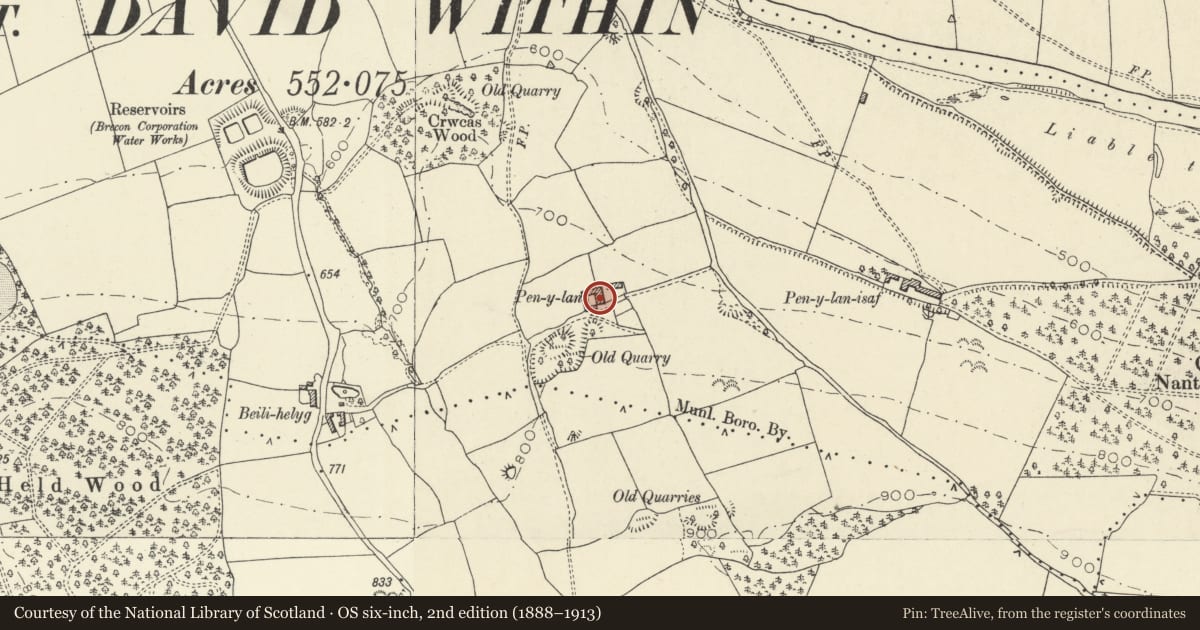 Ordnance Survey six-inch map, 2nd edition (1888–1913) covering the location of Pen-y-Lan Farmhouse, and attached Barn To North, Brecon, Powys, with a pin at the register's coordinates