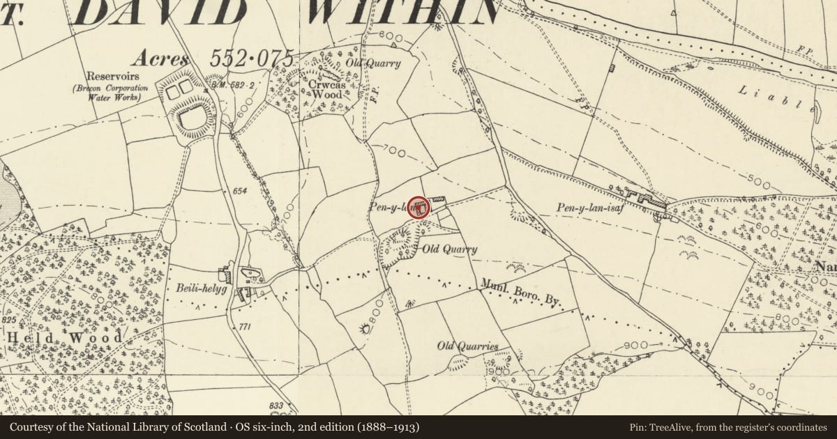 Ordnance Survey six-inch map, 2nd edition (1888–1913) covering the location of Former Stable at Pen-y-Lan Farm, Brecon, Powys, with a pin at the register's coordinates