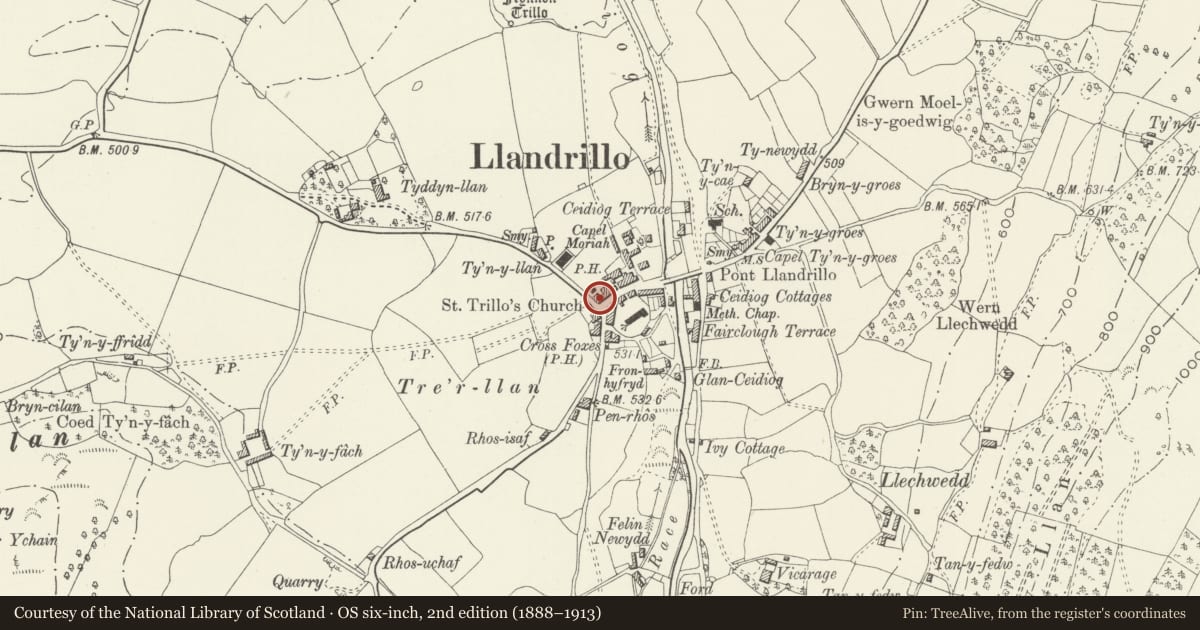 Ordnance Survey six-inch map, 2nd edition (1888–1913) covering the location of The Bell Inn, Llandrillo, Denbighshire, with a pin at the register's coordinates