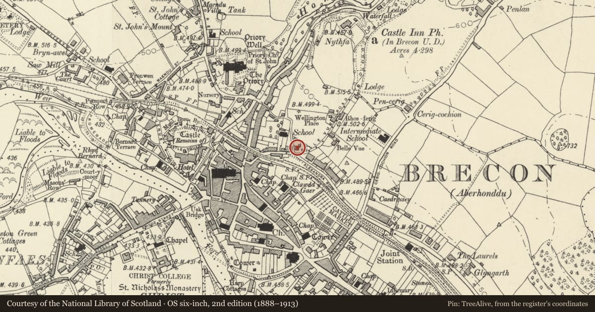 Ordnance Survey six-inch map, 2nd edition (1888–1913) covering the location of Braehead, including Gatepiers and Front Wall with railings, Brecon, Powys, with a pin at the register's coordinates