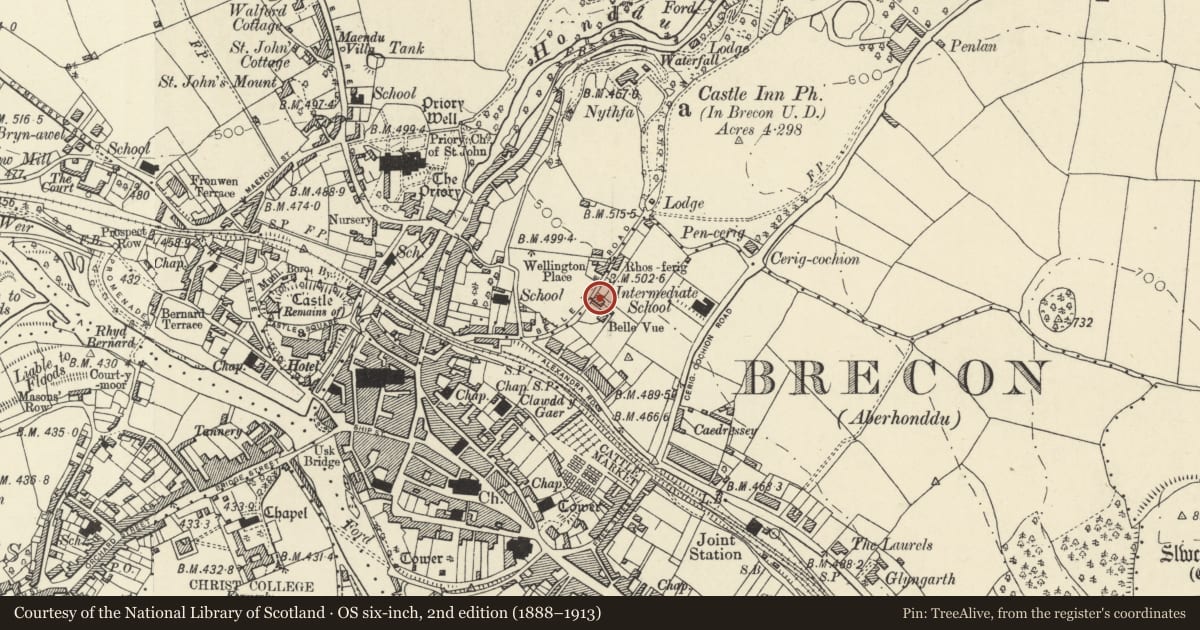 Ordnance Survey six-inch map, 2nd edition (1888–1913) covering the location of Former Stable Block to Rear of No 4 Belle Vue Road, Brecon, Powys, with a pin at the register's coordinates