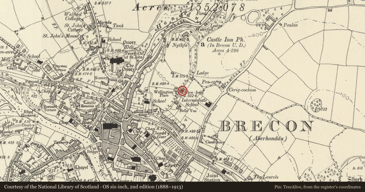 Ordnance Survey six-inch map, 2nd edition (1888–1913) covering the location of 5 Belle Vue Road, Brecon, Powys, with a pin at the register's coordinates